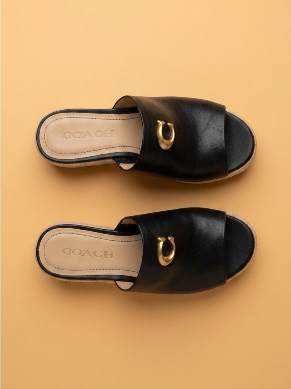 Coach Black Leather Slide Mules with Gold Accent